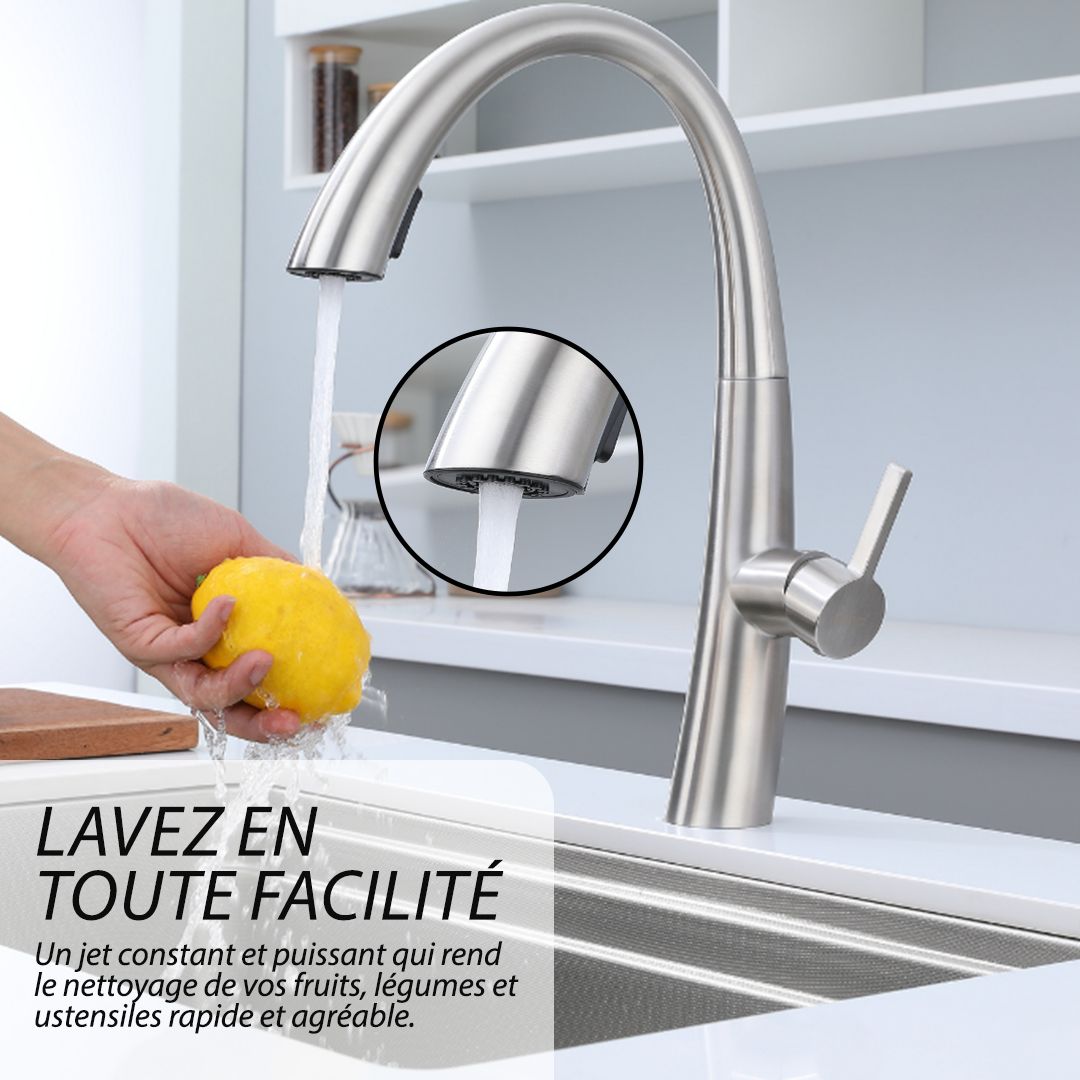 Robinet de cuisine contemporain en nickel brossé - Conception à col de cygne à arc élevé avec jet puissant pour un nettoyage facile.