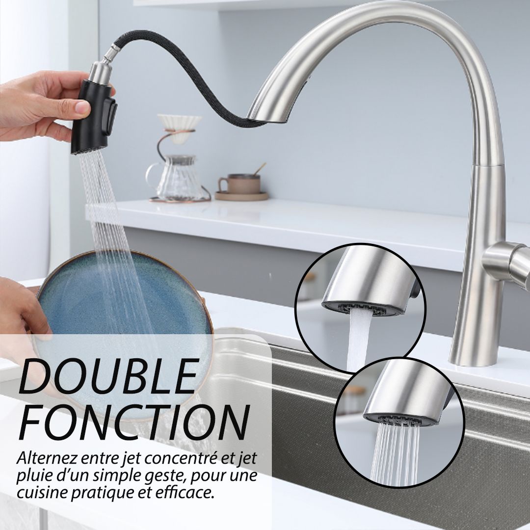 Robinet de cuisine contemporain en nickel brossé avec douchette extractible, fonction double jet/jet