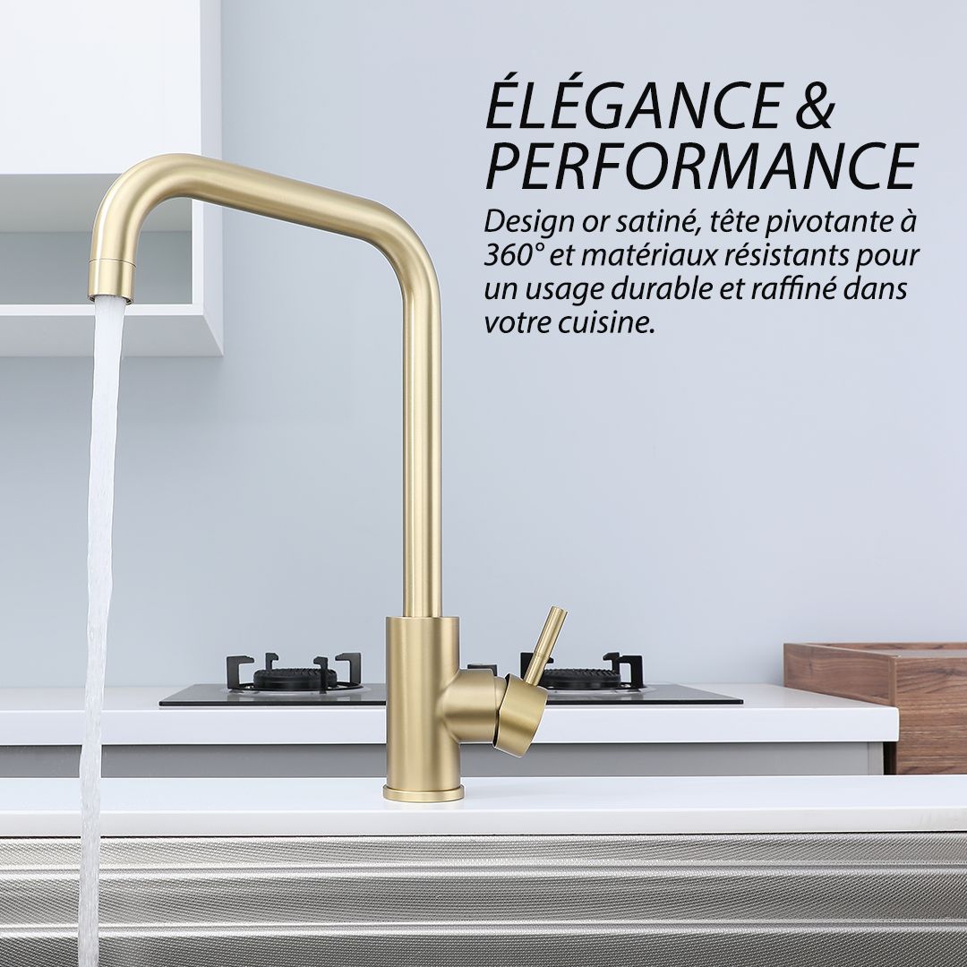 Robinet de cuisine design intemporel – Coloris Or : Élégant robinet de cuisine doré à grand arc avec bec pivotant à 360°. Design moderne.
