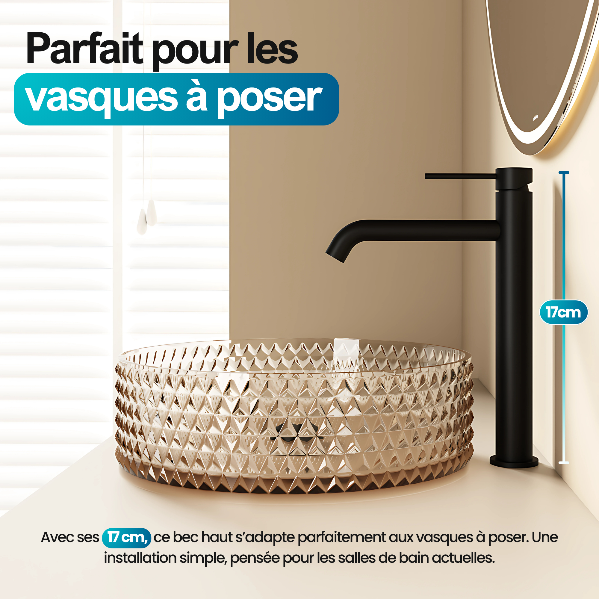 Robinet à bec haut couleur noir mat: Matte black high-spout faucet, modern minimalist design for bathroom or kitchen sink.
